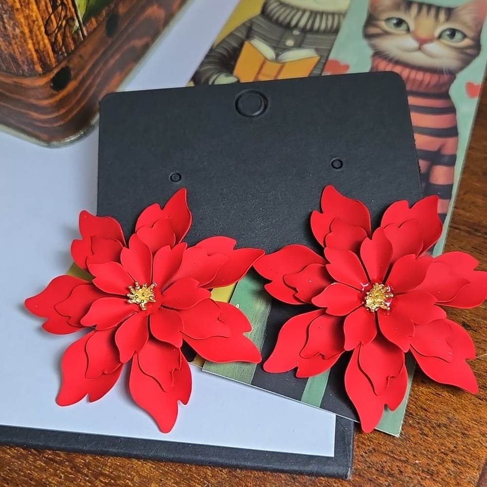 Red Floral Earrings Metal Flower Earrings - Picture 8 of 11